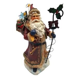 Vintage Rustic Santa Claus Christmas Figurine w/ Holly Staff & Toy Sack